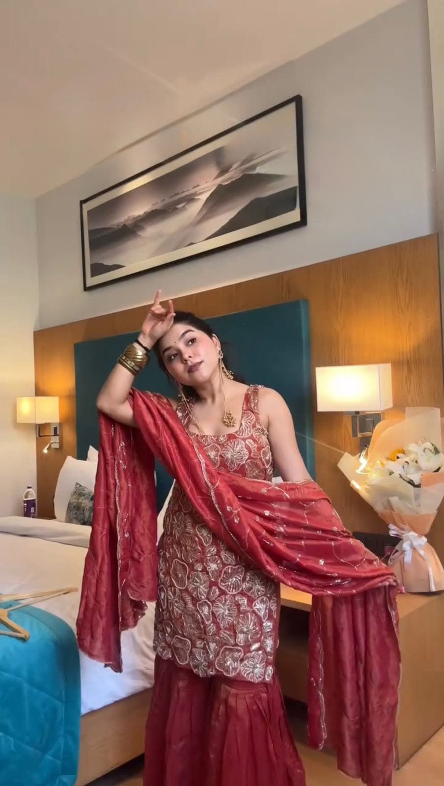 Rust Embroidered Simmer Silk Sharara Suit Set